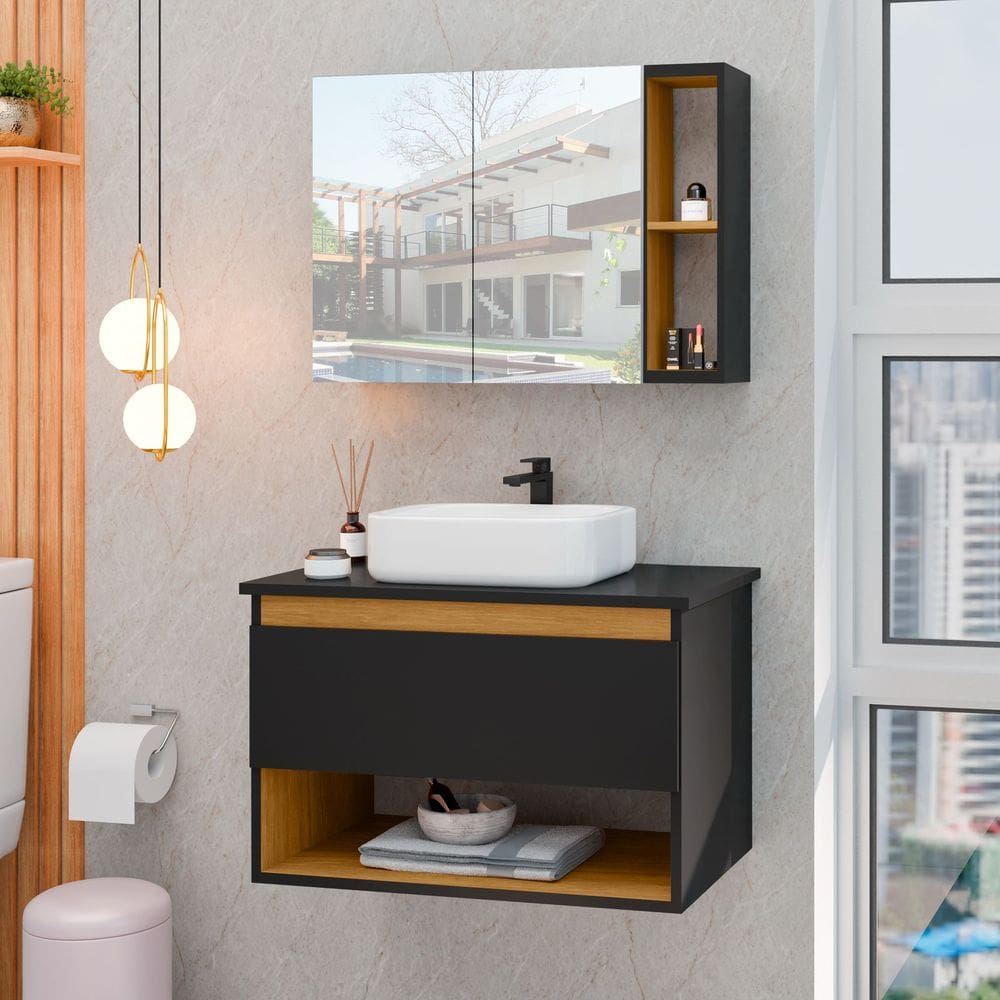 Conjunto Para Banheiro Gabinete Suspenso com Cuba e Espelheira Florence Preto com Nature - Rede Móveis