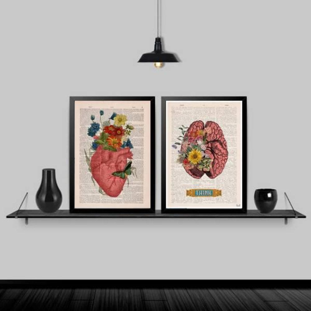 Kit 2 Quadros Cérebro E Coração- Think 33X24Cm Moldura Preta