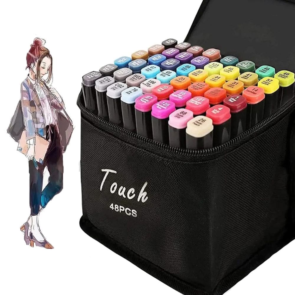 Caneta Canetinhas Permanente 48 Cores Estojo Marcador Ponta Dupla Bolsa Alça Desenho Pintura