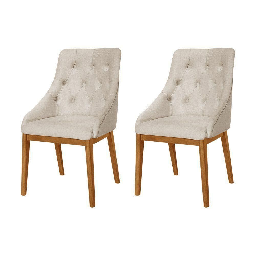 Kit 2 Cadeiras De Jantar Luxo Estofada Elisa Anatômica Capitonê Linho Bege Base Madeira Maciça Mel