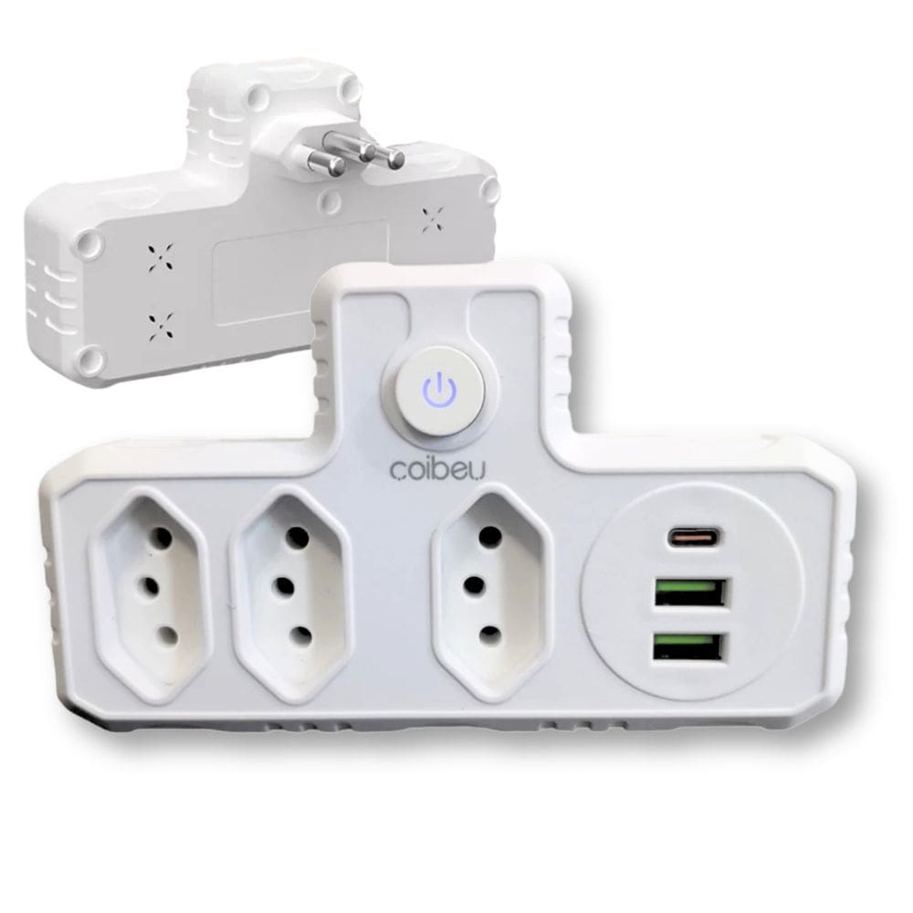 Adaptador de Tomada Inteligente 3 Tomadas 2 Interface USB 1 Porta USB Type-C Branco 2500W 10A