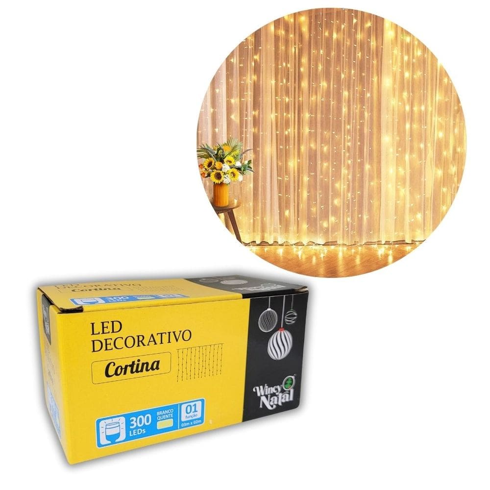 Cortina LED Fixa Decorativa 300 Lâmpadas Fio Transparente Branco Quente 3m x 2m - Wincy