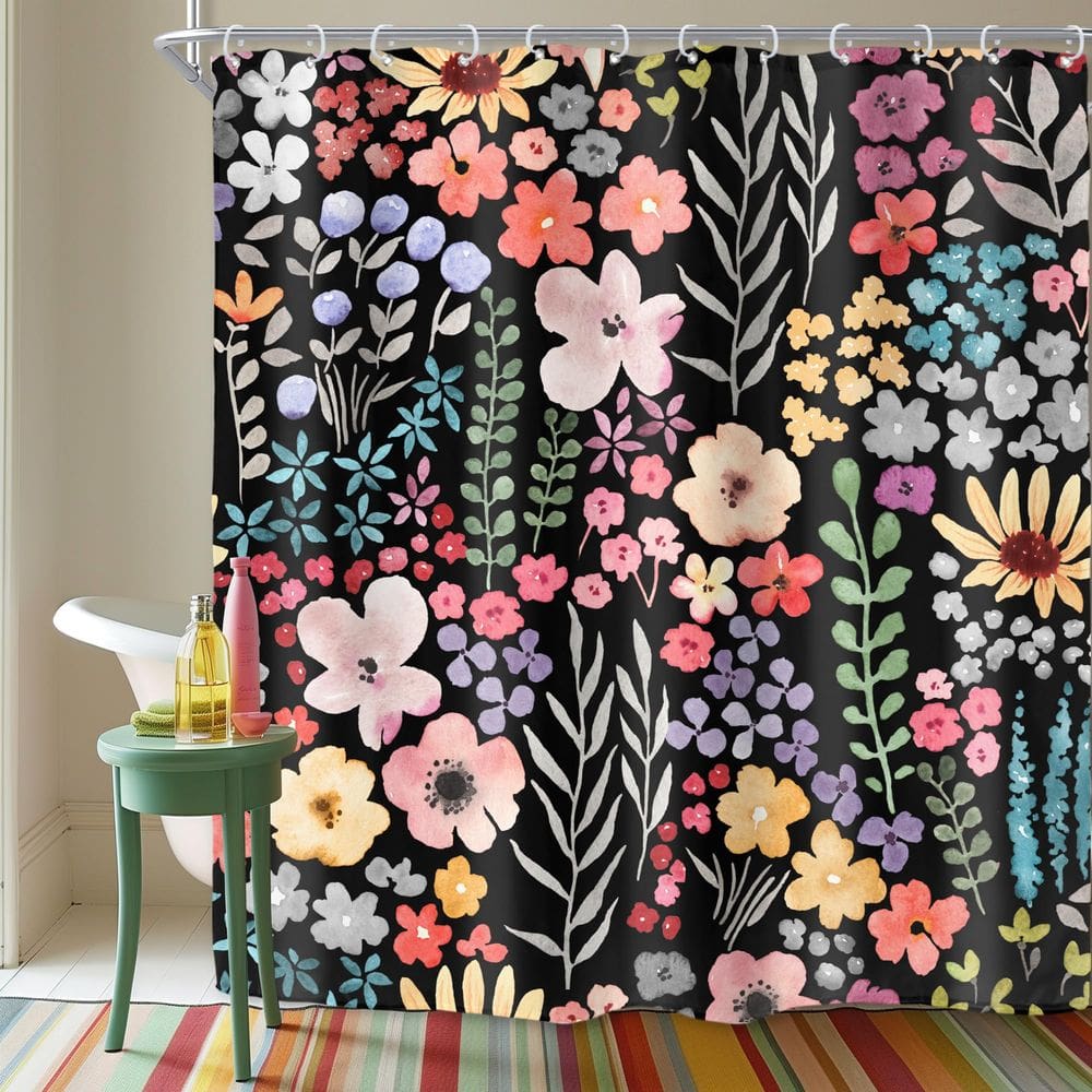 Cortina de chuveiro Riyidecor Black Floral Flowers 180x180cm