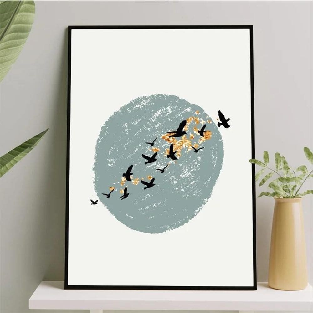 Quadro Abstrato Pássaros Voando 33X24Cm Preta