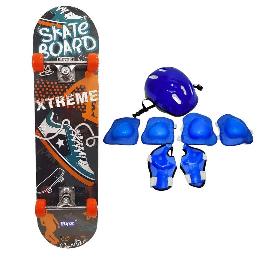 Skate Infantil Old Shoes + Kit Proteção Completo Azul