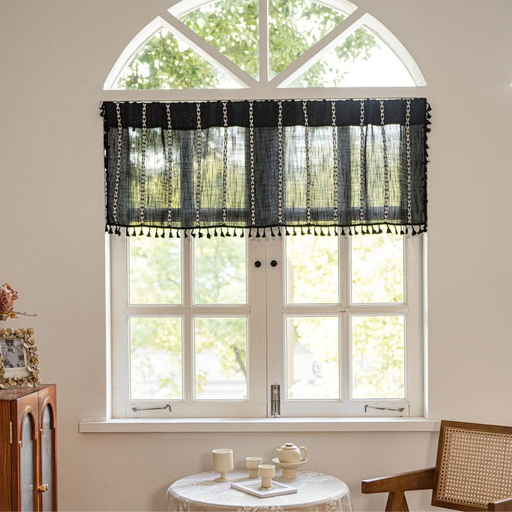 Cortina Valance Sutuo Home Boho 36 cm Tier para cozinha preta