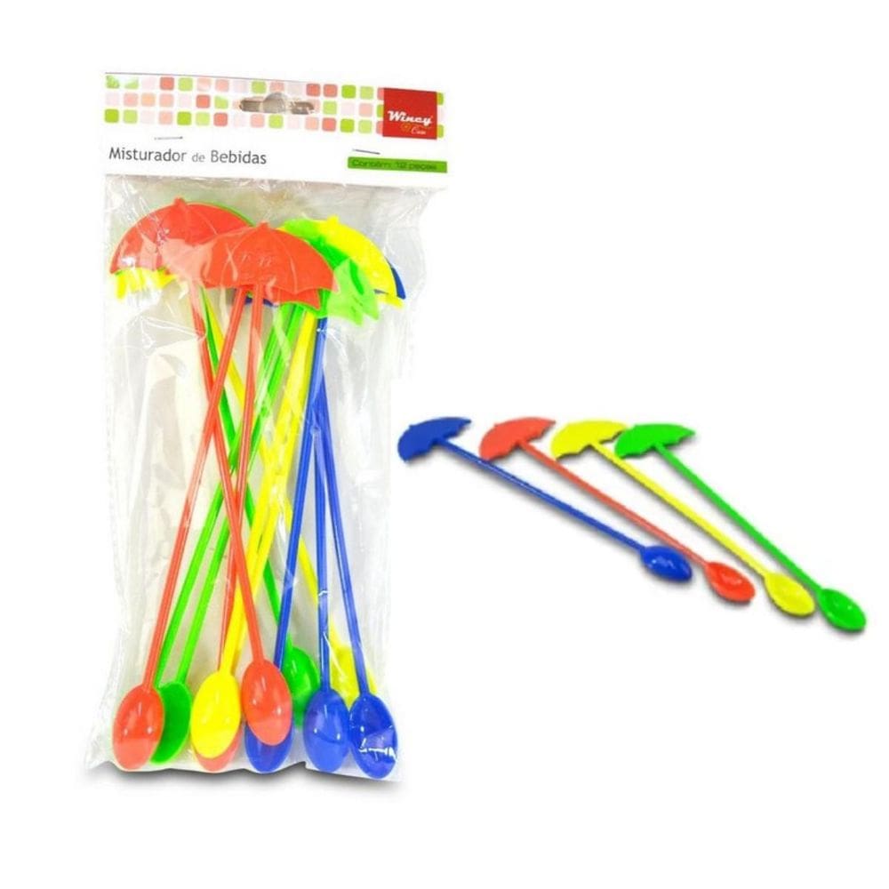 Kit 12 Peças Colher Misturadora De Bebidas Guarda-Chuvinhas