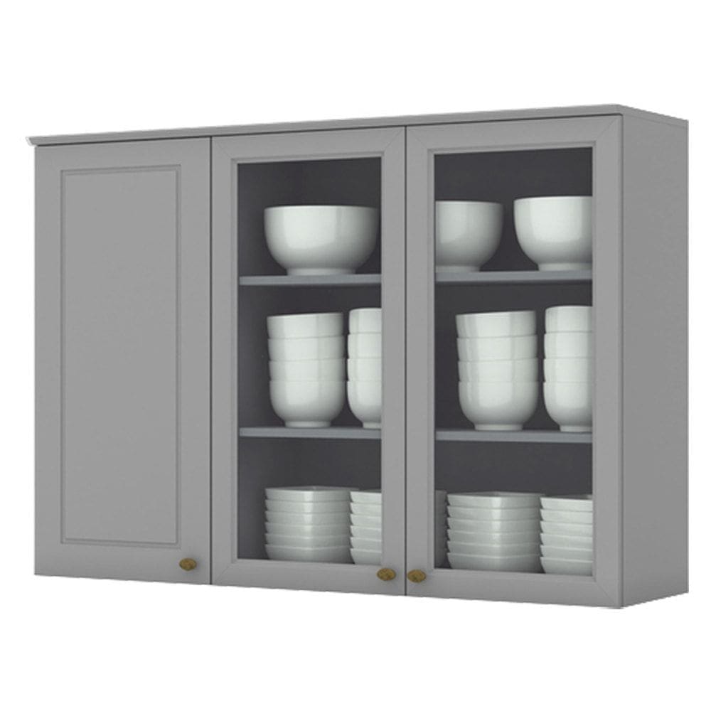 Armario Aereo 3 Portas Vidro MDF 120 cm Americana C363 Cinza Henn