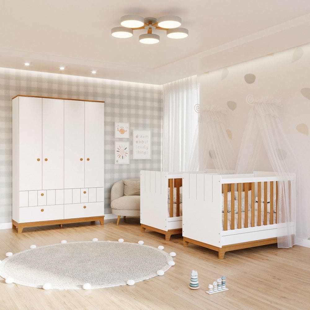 Quarto Bebê Gêmeos com 2 Berços Mini Cama e Guarda Roupa 4 portas Liza Permobili