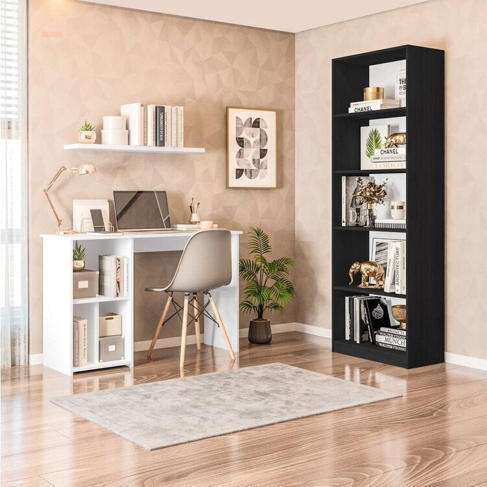Conjunto com 1 Mesa Escrivaninha 3 Nichos Veneta e 1 Estante Livreiro 5 Nichos Montreal Branco/Preto