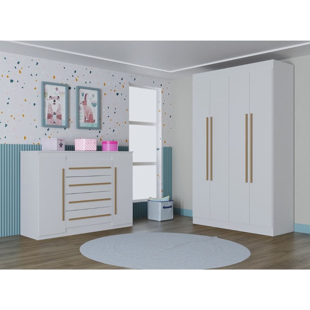 Quarto Infantil Guarda Roupa 4 Portas e Cômoda 4 Gavetas 2 Portas Lucca Poquema