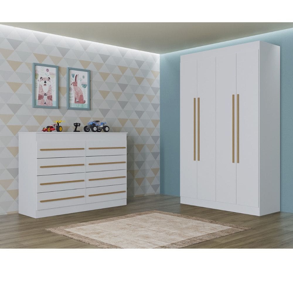 Quarto Infantil Guarda Roupa 4 Portas e Cômoda 8 Gavetas Nina Poquema