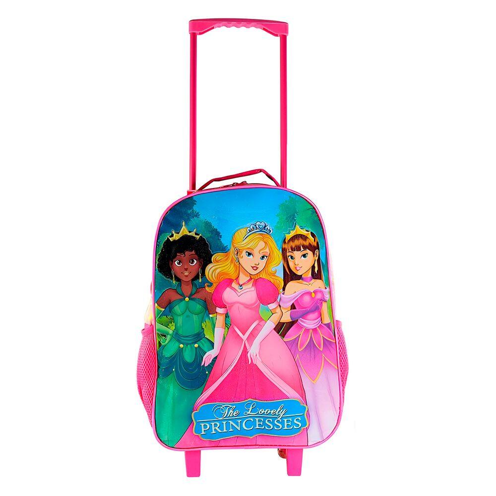Conjunto Mochila Escolar Infantil Princesas de Rodinhas Cor:Pink
