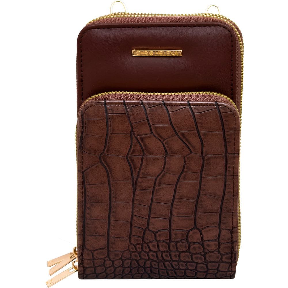 Bolsa Carteira Feminina Com Alça Textura Croco Cor:Marrom