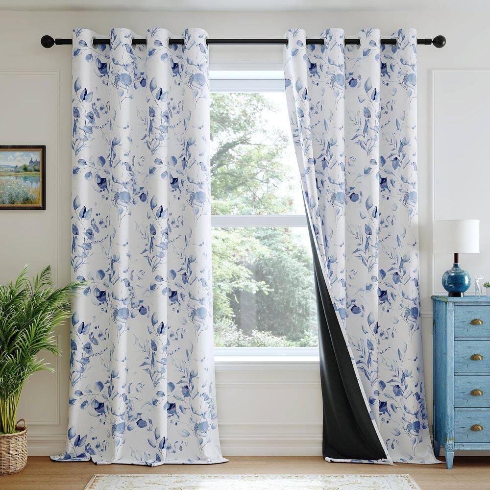 Cortinas Xwincel 100% Blackout Floral 214 cm azuis 2 painéis