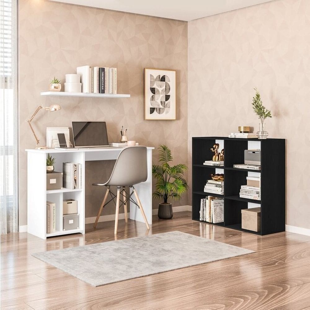 Conjunto com 1 Mesa Escrivaninha 3 Nichos Veneta e 1 Estante Multiuso 6 Nichos Geórgia Branco/Preto