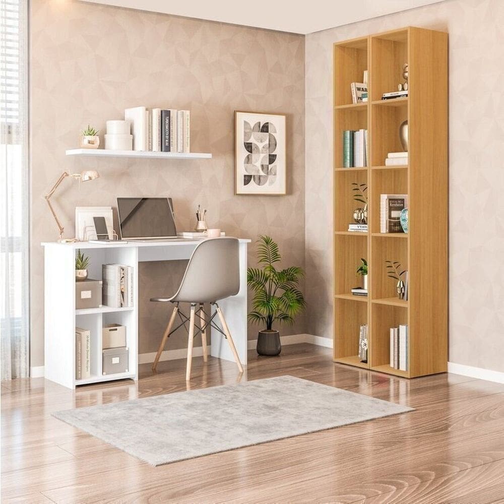 Conjunto com 1 Mesa Escrivaninha 3 Nichos Veneta e 2 Estantes Livreiro 5 Nichos Liverpool Branco/Freijó