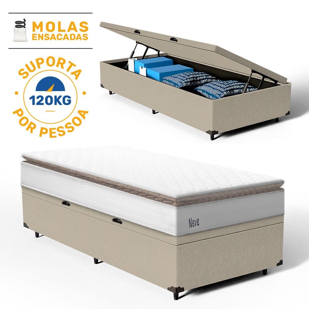 Cama Box Baú com Colchão de Molas Ensacadas Pillow Top Neve Solteiro 88cm