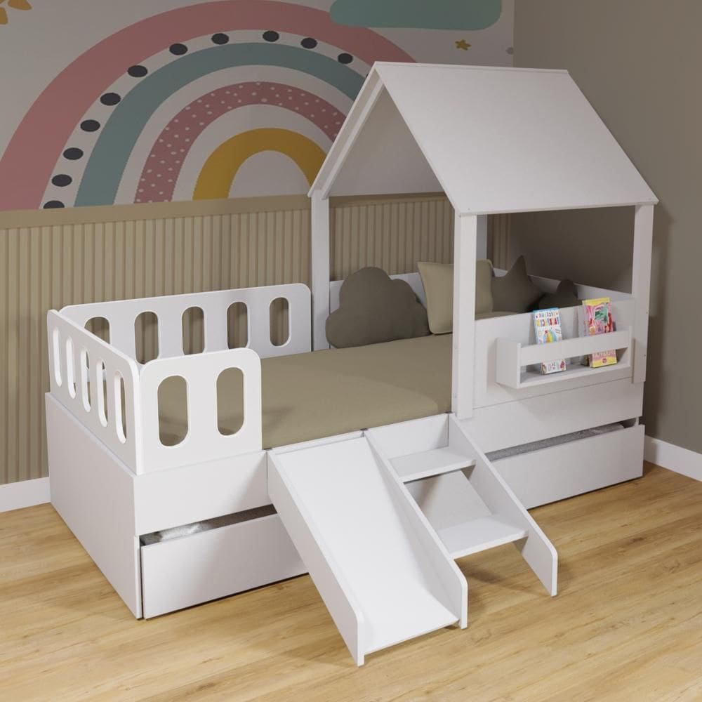 Bicama Casinha com Telhado Kit Escada e Grades Anatômica Branco Megamobilia