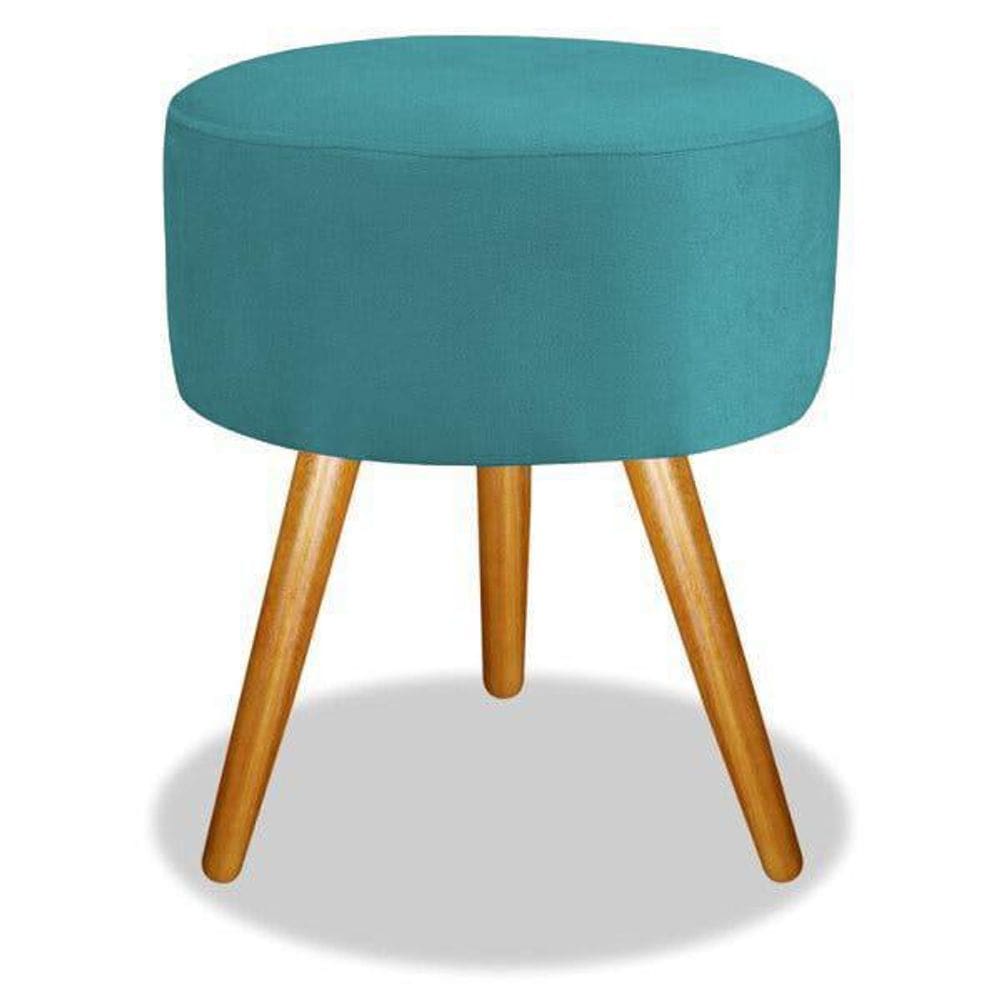 Puff Banqueta Magnus Redondo Azul Tiffany Pés Castanho