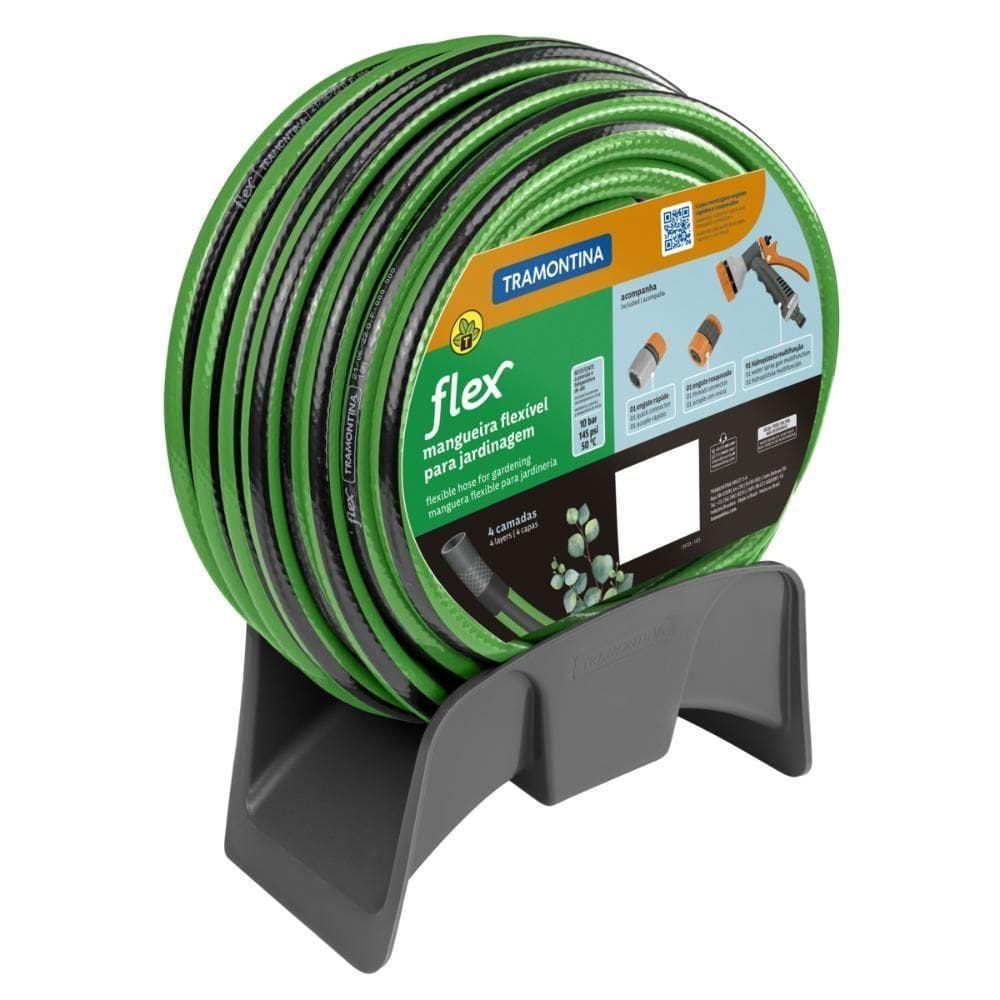 Mangueira Flex Para Jardim Tramontina Verde Com Faixa Preta Em Pvc 4 Camadas 10 M Com Engate Rápido, Engate Rosqueado