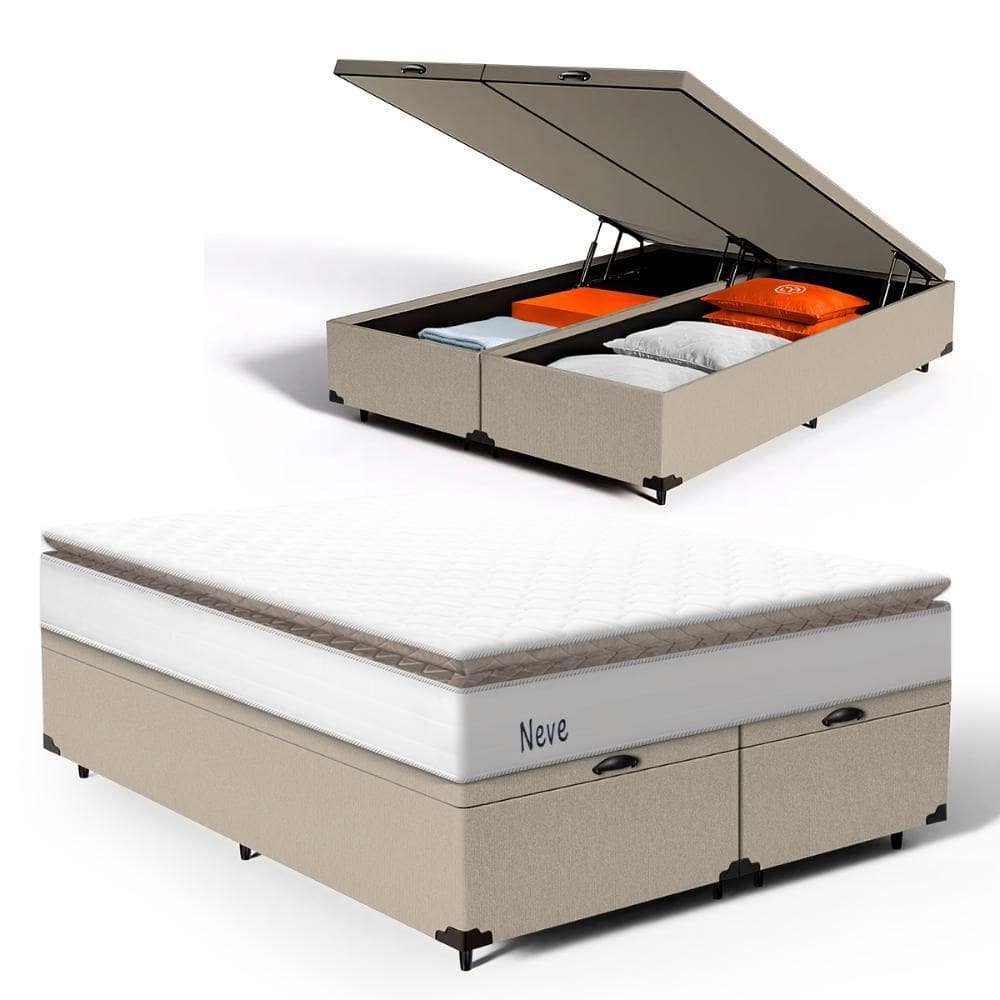 Cama Box Baú com Colchão de Molas Ensacadas Pillow Top Neve Queen 158cm