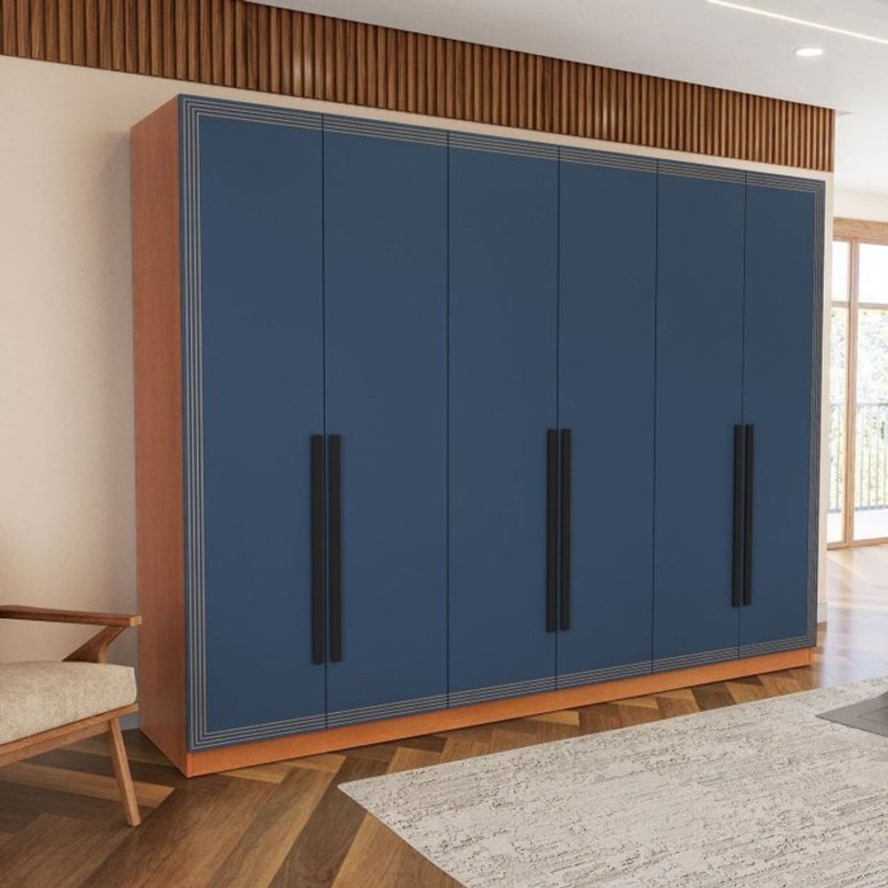 Guarda Roupa 6 Portas 4 Gavetas Móveis Valência Freijó/Azul