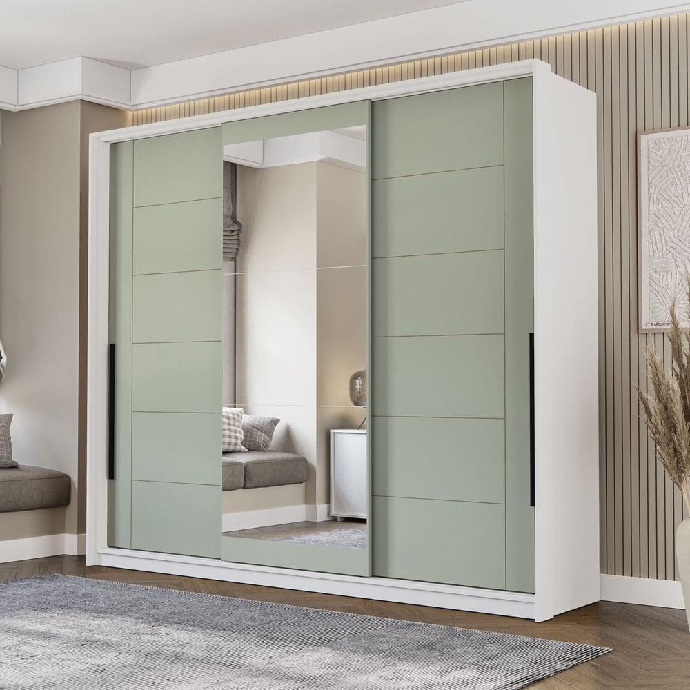 Guarda Roupa 3 Portas de Correr 4 Gavetas com Espelho Lisboa Branco/Verde