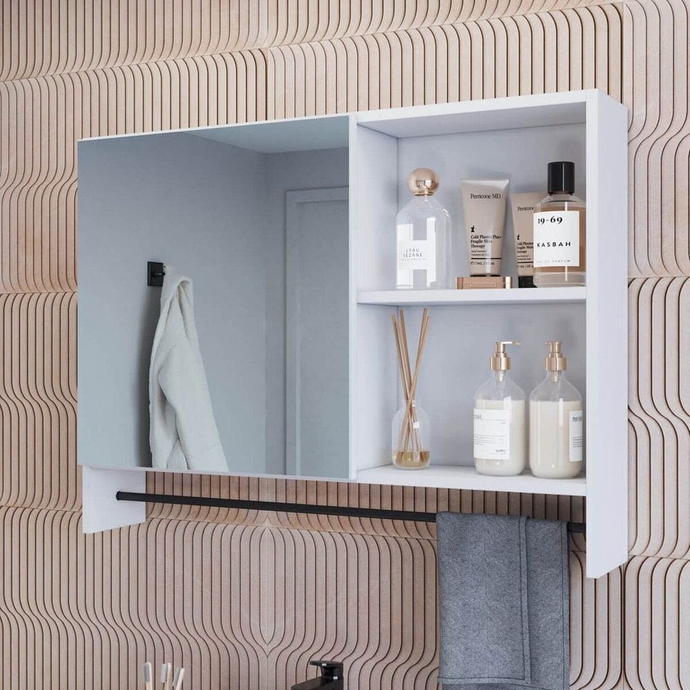 Armário Espelheira para Banheiro com 1 Porta 1 Toalheiro e Nichos Branco