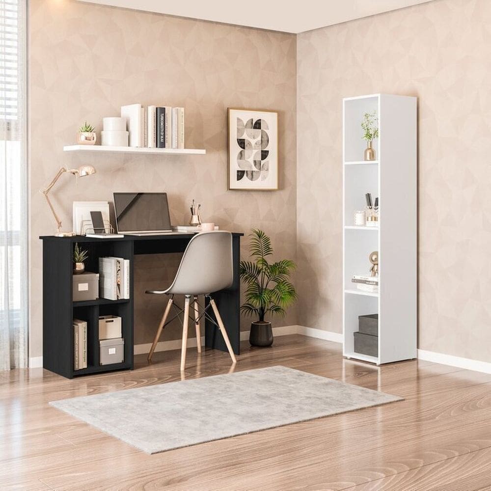 Conjunto com 1 Mesa Escrivaninha 3 Nichos Veneta e 1 Estante Modular 4 Nichos Delta Preto/Branco