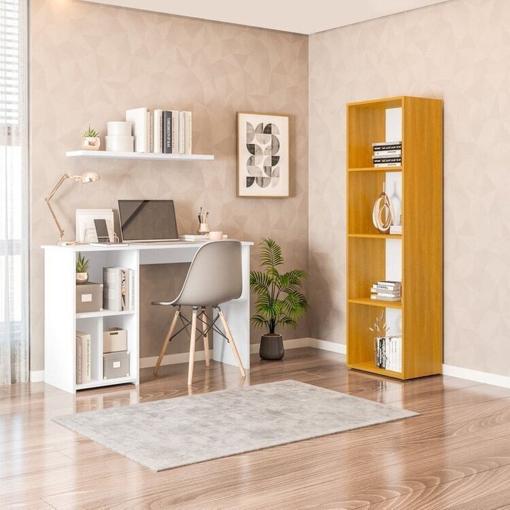 Conjunto com 1 Mesa Escrivaninha 3 Nichos Veneta e 1 Estante Livreiro 4 Nichos Calum Branco/Freijó