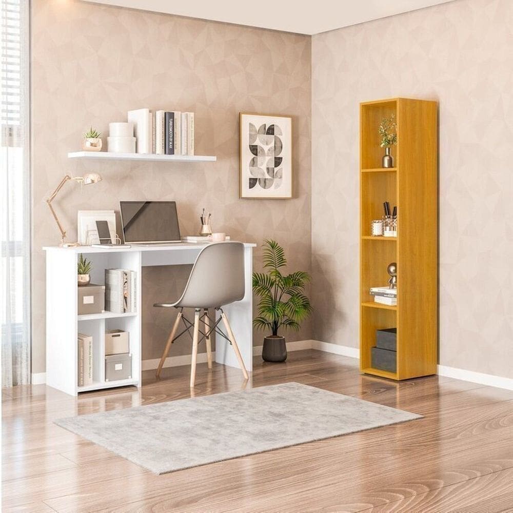 Conjunto com 1 Mesa Escrivaninha 3 Nichos Veneta e 1 Estante Modular 4 Nichos Delta Branco/Freijó