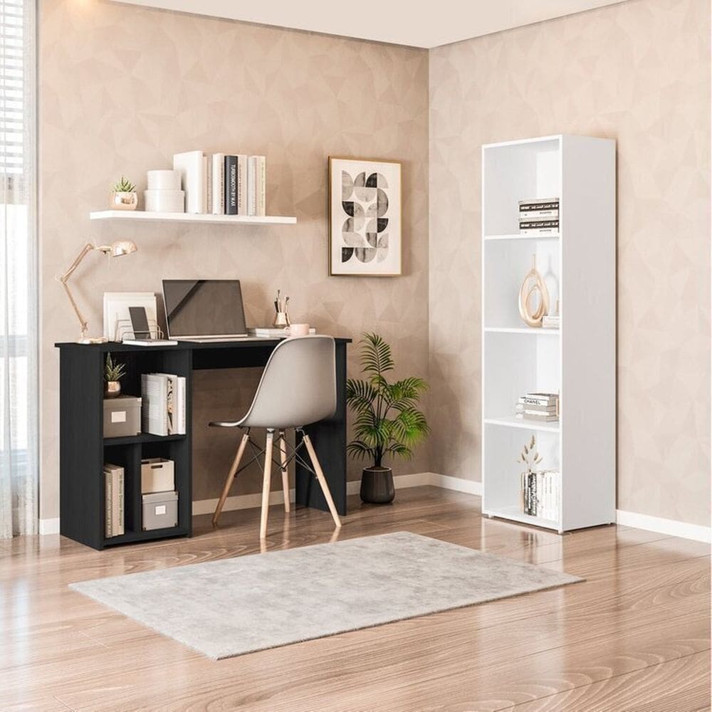 Conjunto com 1 Mesa Escrivaninha 3 Nichos Veneta e 1 Estante Livreiro 4 Nichos Calum Preto/Branco