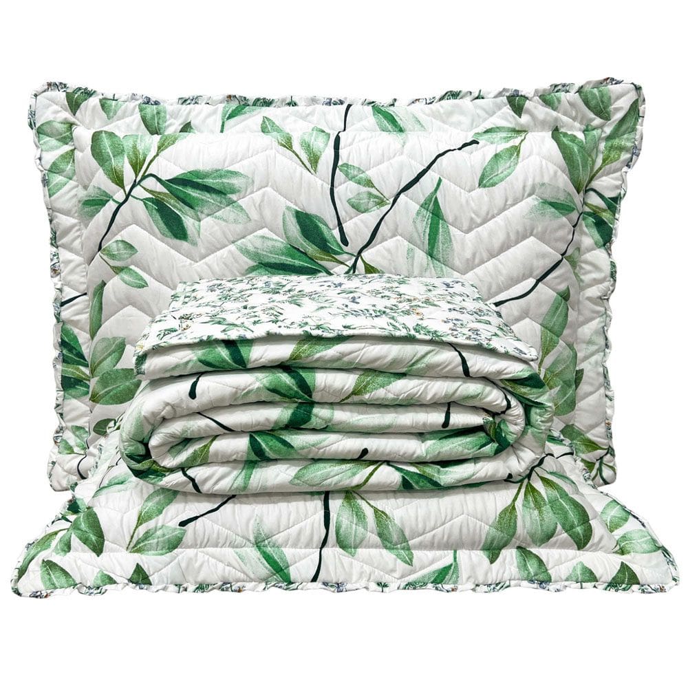 Kit Cobre Leito Colcha Casa Scarpa Classics Queen Dupla Face Percal 300 Fios Estampado 3 Peças - Flores Verde