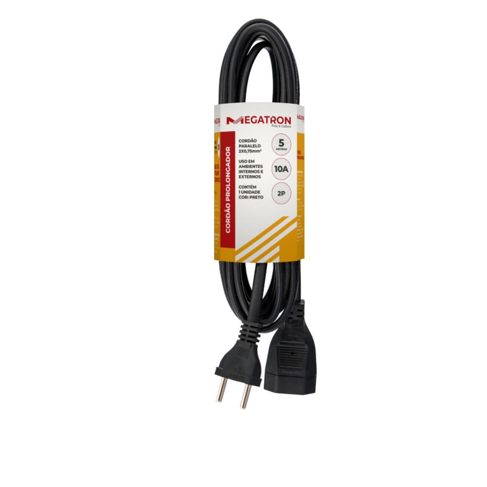 Cordao Prolongador PP Plano 10A 0,75 5M Preto