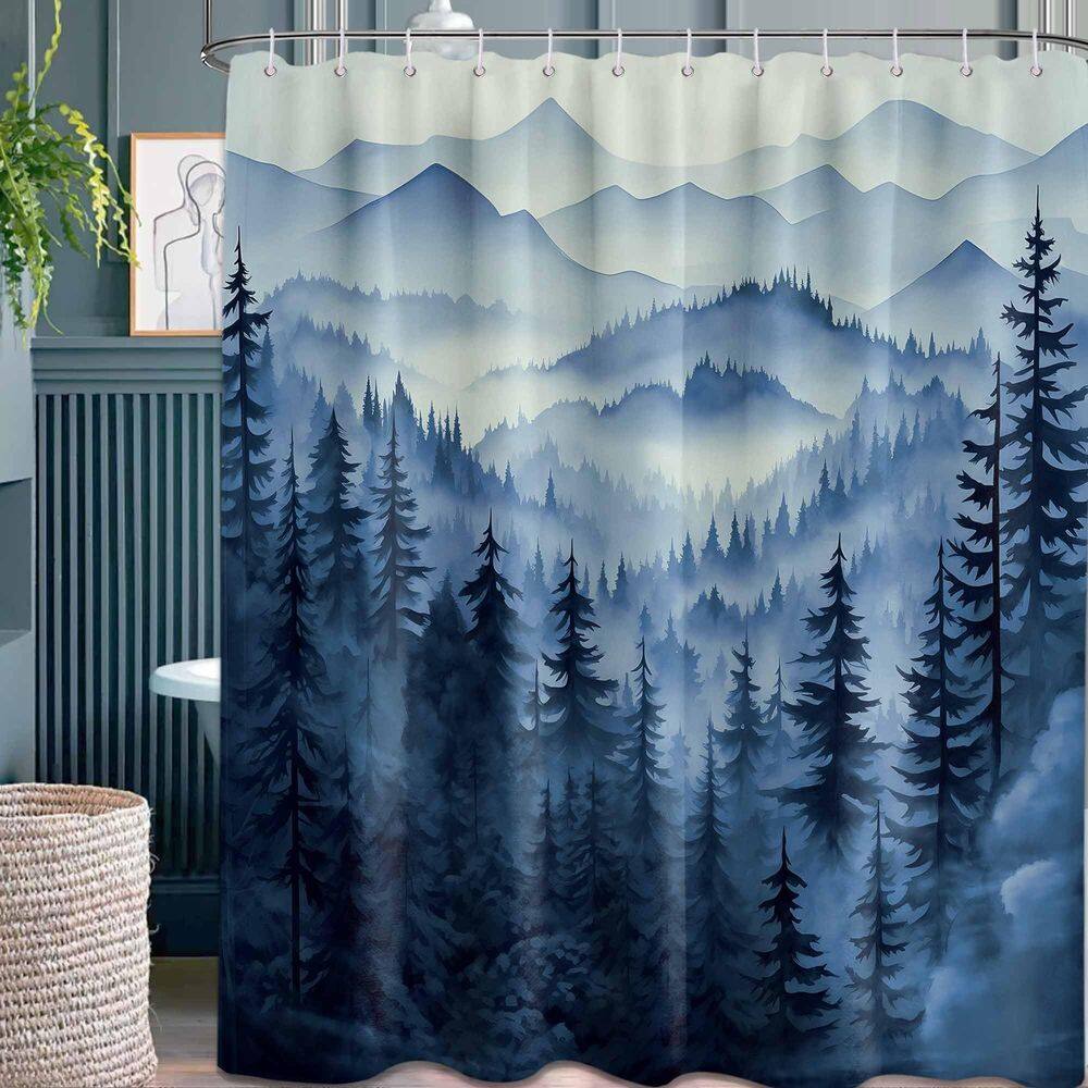 Cortina de chuveiro QGHOT Mountain Forest impermeável 180x200cm azul