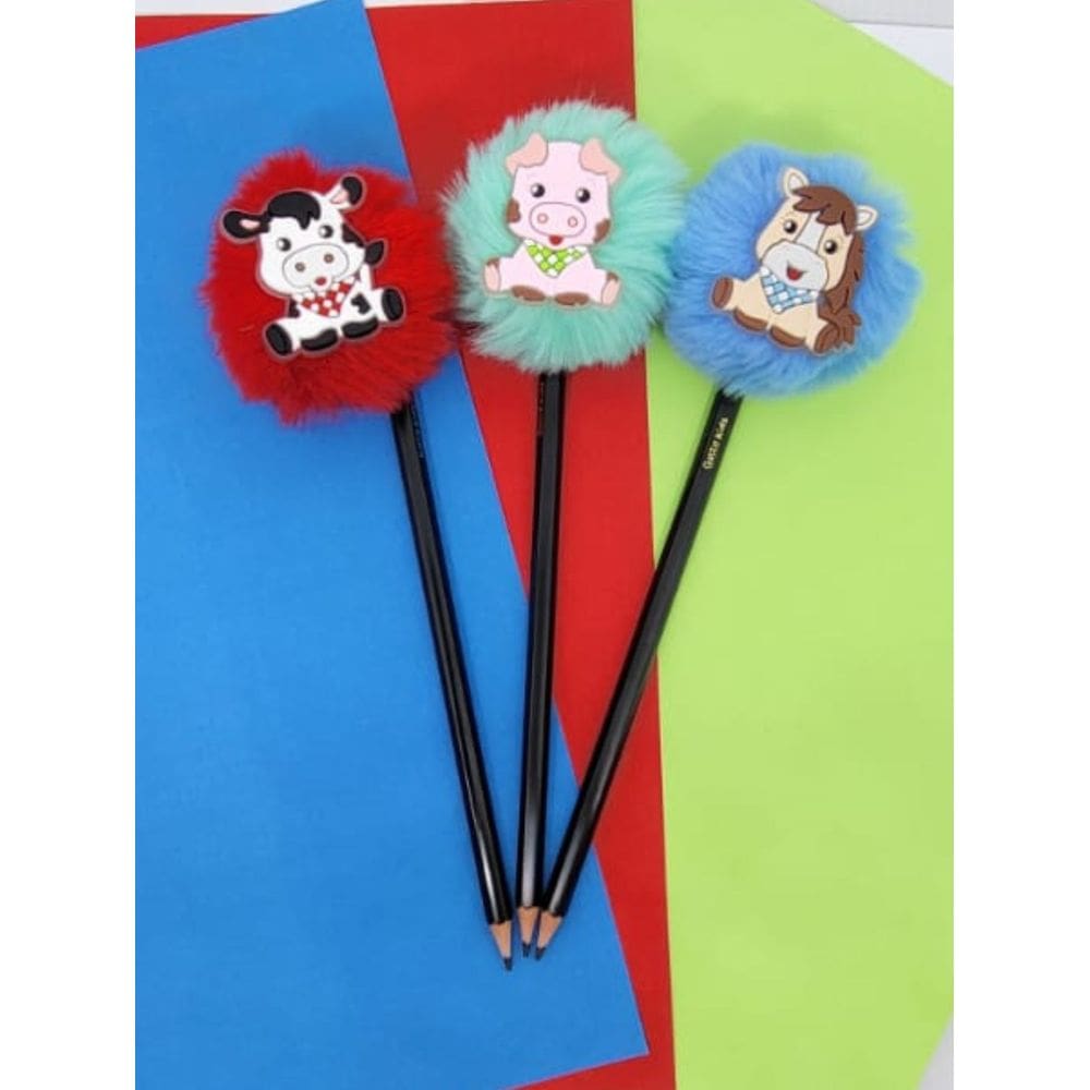 03 Lápis de escrever pompom animais fazendinha material escolar papelaria presente lembrancinha
