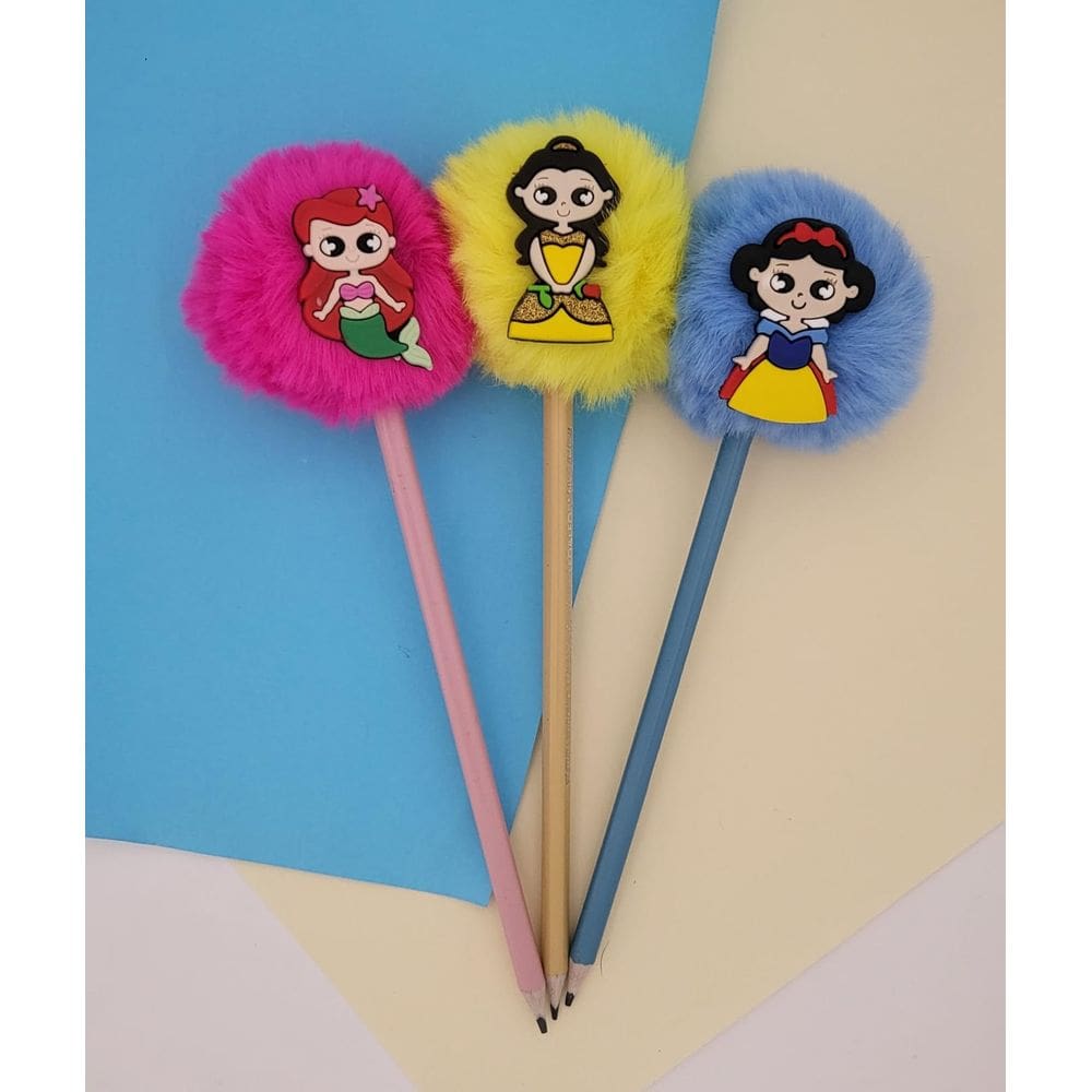 03 Lápis Pompom Princesas Ariel Bela Branca de Neve material escolar papelaria lapis de escrever escola