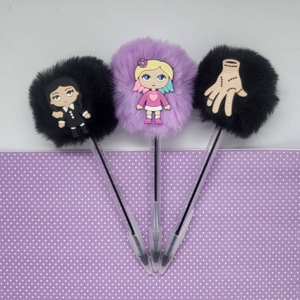 03 pçs Canetas Pompom Vandinha Wandinha Adams Eneide Mãozinha material escolar papelaria fofa presente natal volta as au