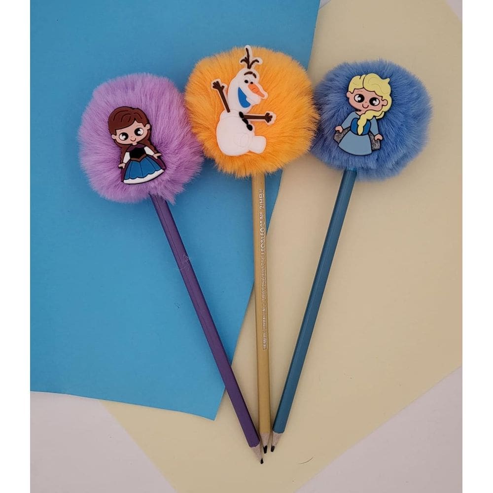 03 Lápis Pompom Frozen Anna Elsa Olaf material escolar papelaria