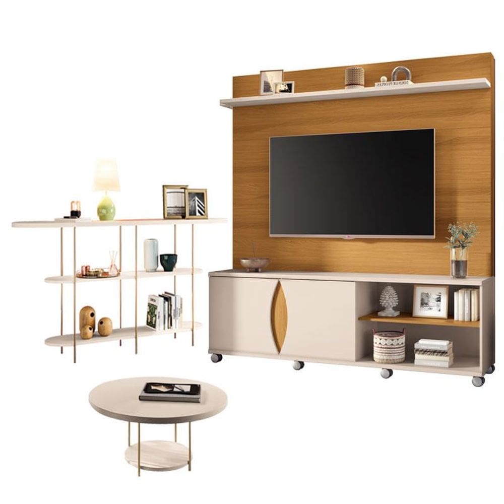 Estante Home Theater Luxor Cinamomo Off White e Aparador Infinity e Mesa de Centro sky Off White- HB Móveis