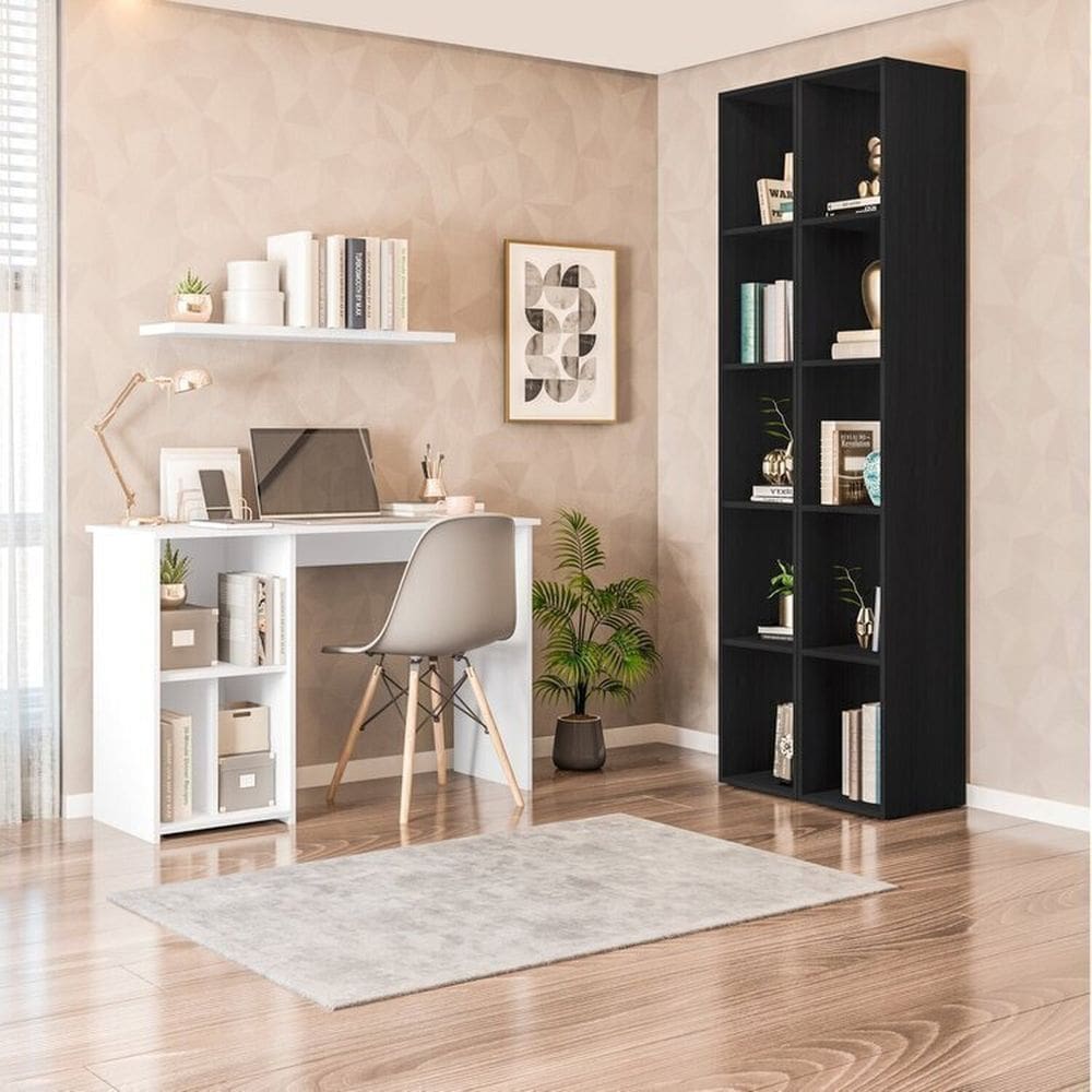 Conjunto com 1 Mesa Escrivaninha 3 Nichos Veneta e 2 Estantes Livreiro 5 Nichos Liverpool Branco/Preto