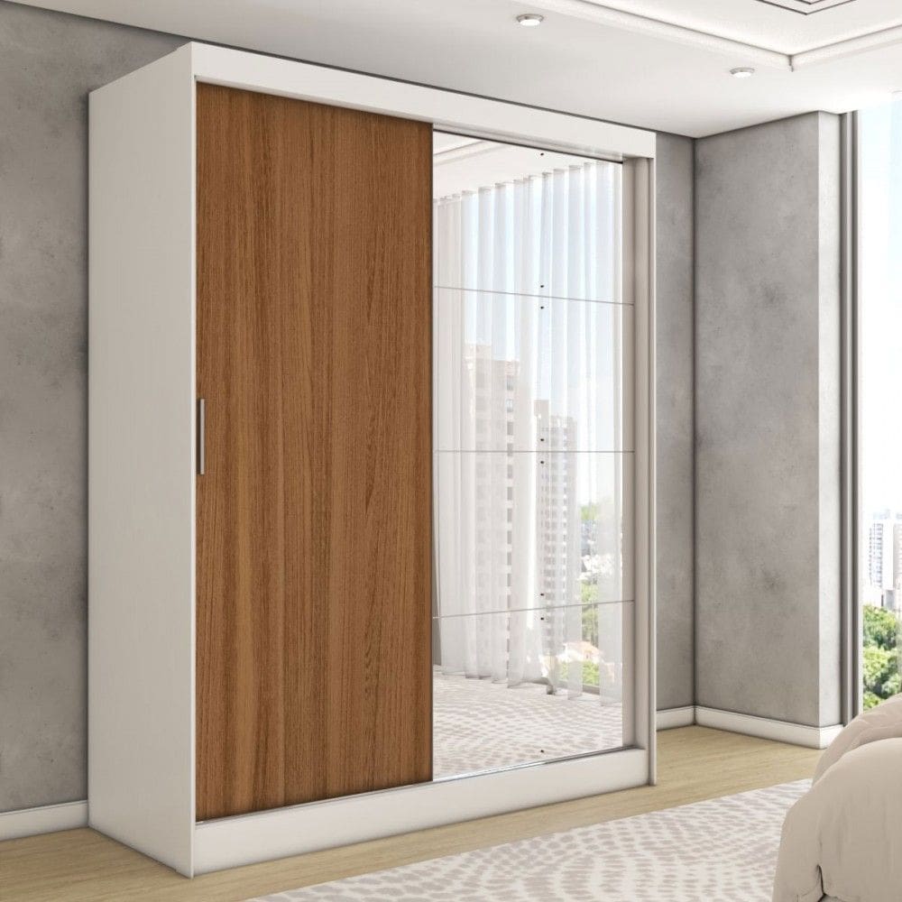 Guarda-Roupa Solteiro Vulcan 2 Portas 4 Gavetas com Espelho 100% Mdf Branco/Amêndola - Panorama Móveis