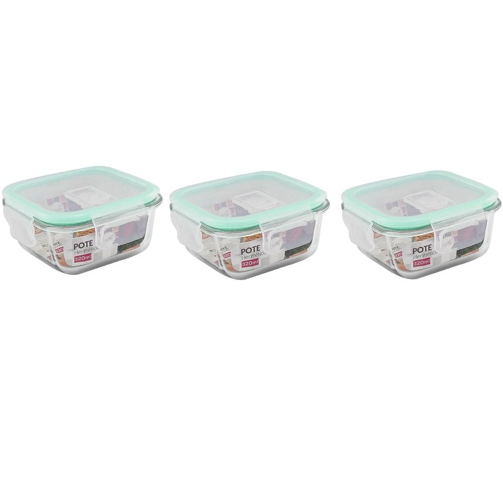 Jogo de 3 Potes de Vidro 320ml com Fechamento Hermético 4 Travas Marmita