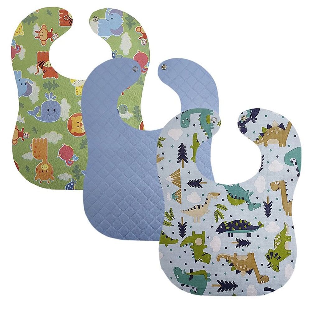 Babador Impermeavel Bebe Kit 3 25x34cm Estampas Divertidas Botão Pressão Menino Menina
