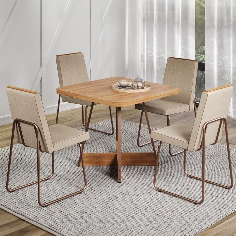 Conjunto Sala de Jantar 4 Cadeiras Belluno Carraro Nogal e Rosê