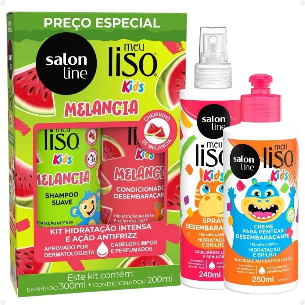 Kit Salon Line Meu Liso Kids: Shampoo 300ml e Condicionador 200ml Melancia + Creme para Pentear 250ml e Spray Desembaraçante 240ml