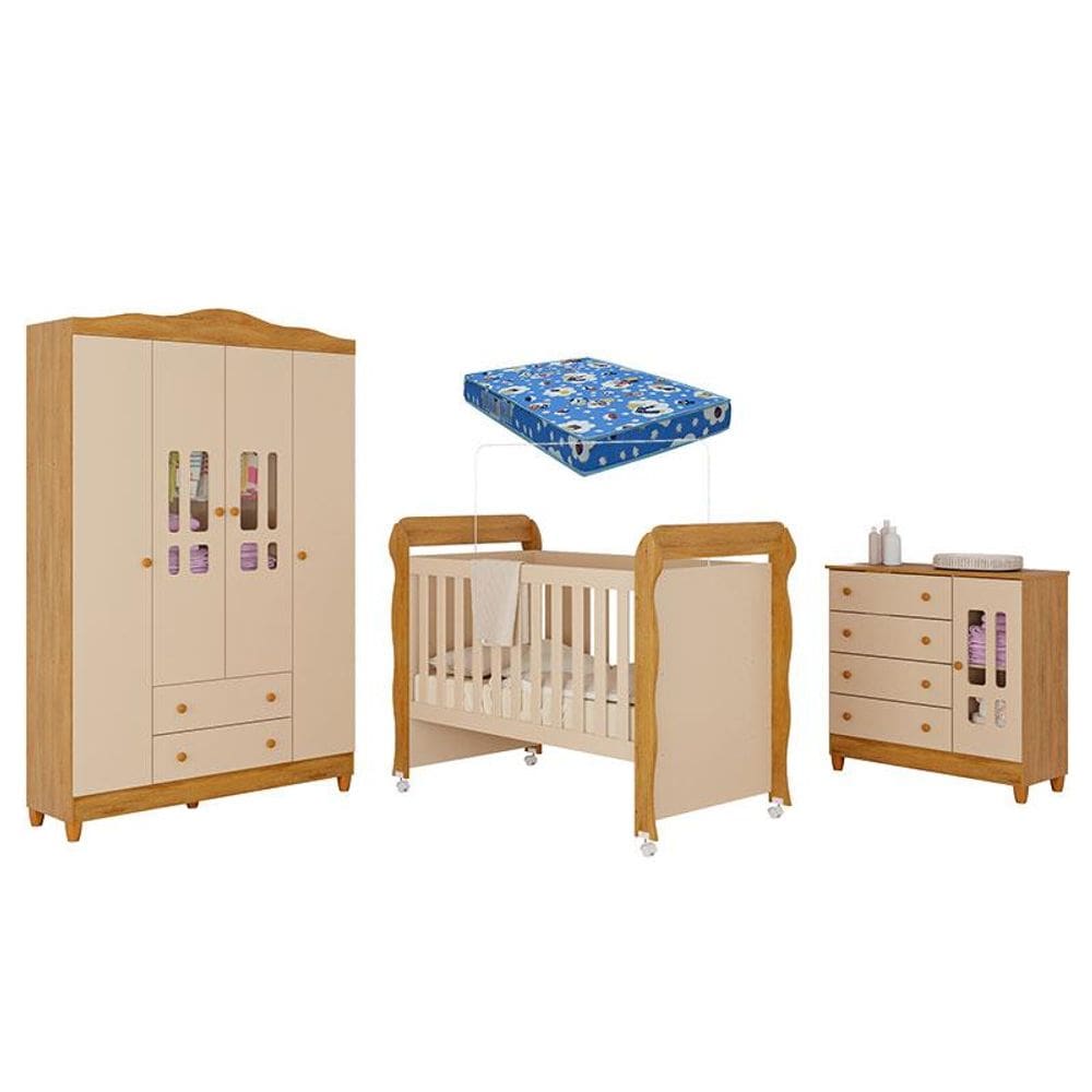 Quarto de Bebê Ariel 4 Portas com Berço Americano Mirelle Off White Bétula com Colchão Ortobom– Carolina Baby