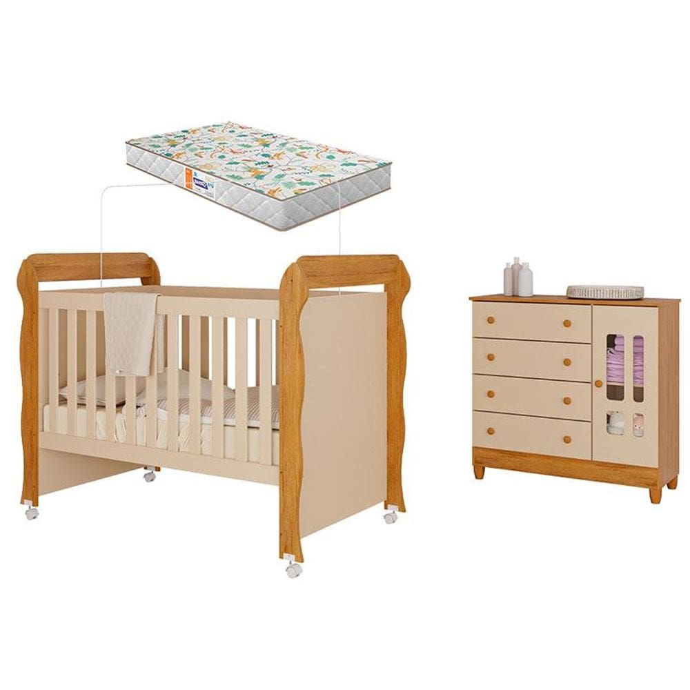 Berço Americano Mirelle e Cômoda Infantil Ariel com Porta Off White Bétula com Colchão Gazin– Carolina Baby