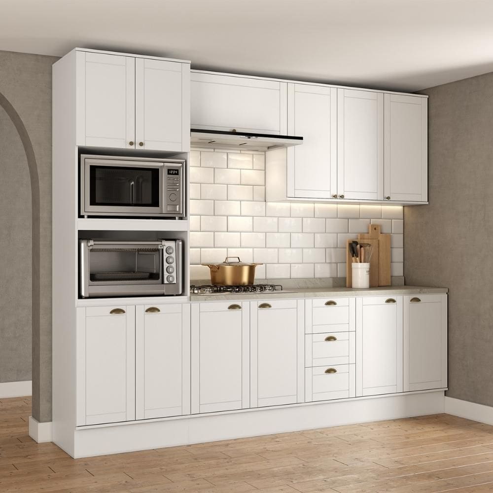 Armário de Cozinha Completa c Balcão Milla Bloom Carraro Branco